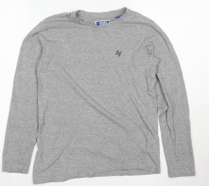 Jack & Jones Men's Grey Long Sleeve Crew Neck Cotton T-Shirt L