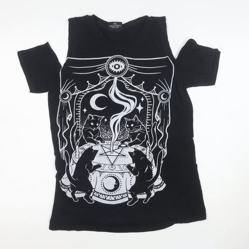 Restyle Women’s Black Gothic Cat Graphic Cold Shoulder Cotton T-Shirt Size S