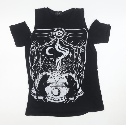 Restyle Women’s Black Gothic Cat Graphic Cold Shoulder Cotton T-Shirt Size S