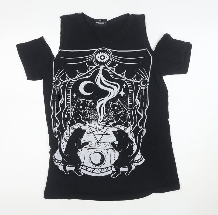 Restyle Women’s Black Gothic Cat Graphic Cold Shoulder Cotton T-Shirt Size S