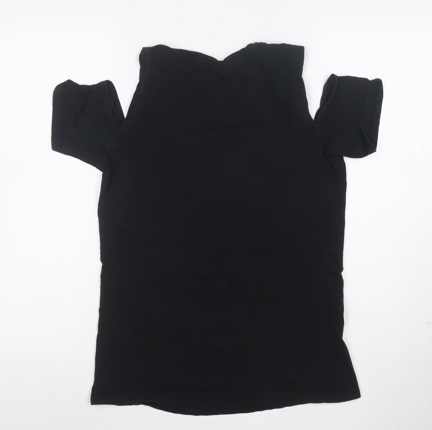 Restyle Women’s Black Gothic Cat Graphic Cold Shoulder Cotton T-Shirt Size S