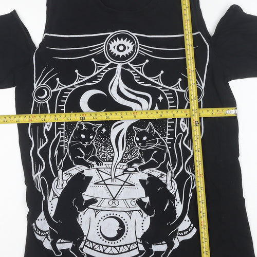 Restyle Women’s Black Gothic Cat Graphic Cold Shoulder Cotton T-Shirt Size S