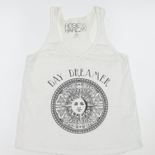 Rosie Harlow Women's White Racerback Tank Top Small Boho Graphic