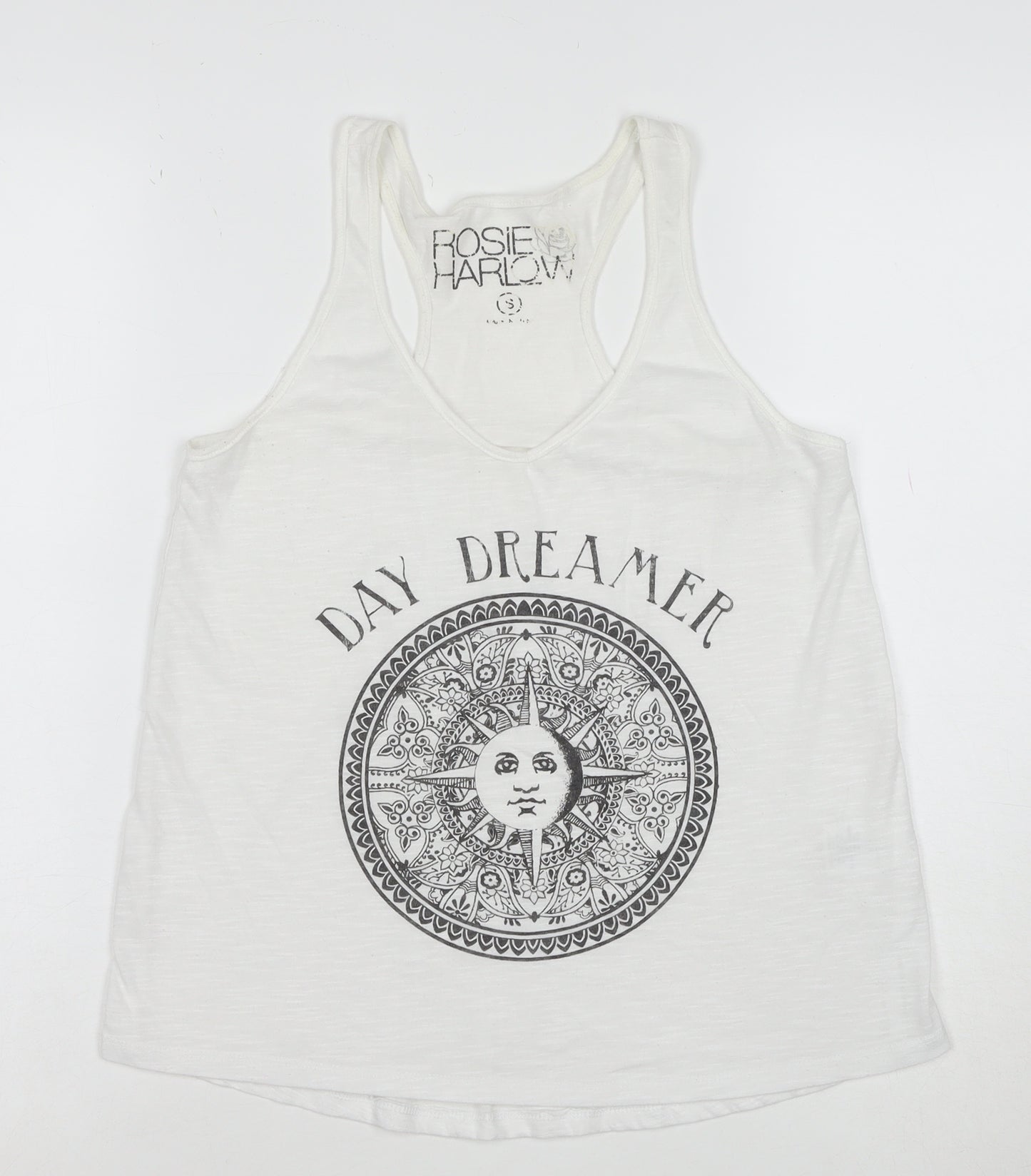 Rosie Harlow Women's White Racerback Tank Top Small Boho Graphic