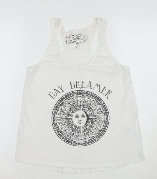 Rosie Harlow Women's White Racerback Tank Top Small Boho Graphic