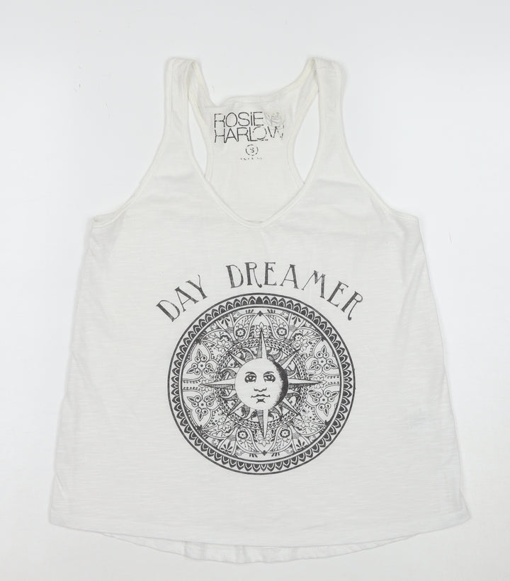 Rosie Harlow Women's White Racerback Tank Top Small Boho Graphic