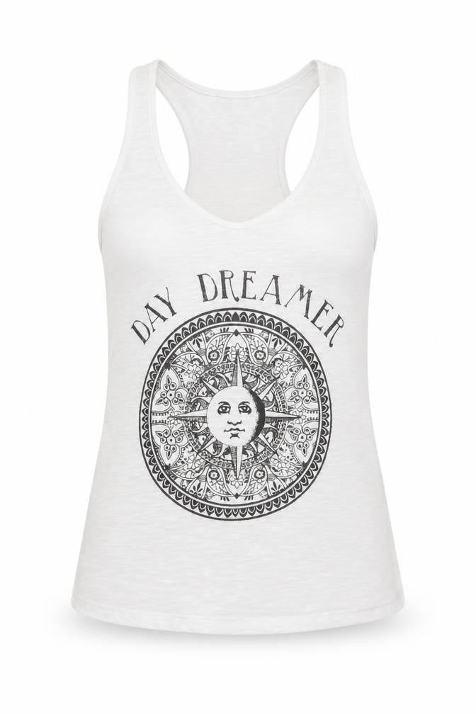 Front view of Rosie Harlow Women's White Racerback Tank Top Small Boho Graphic
