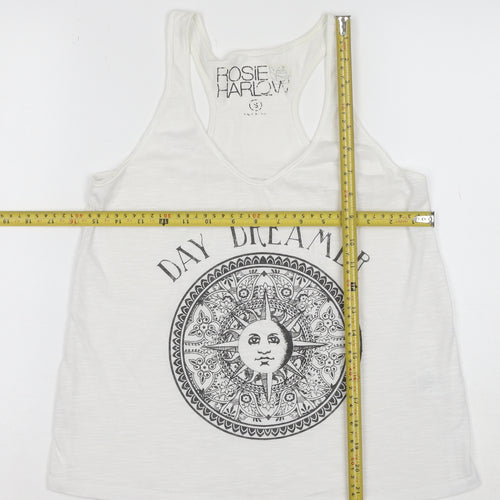Rosie Harlow Women's White Racerback Tank Top Small Boho Graphic