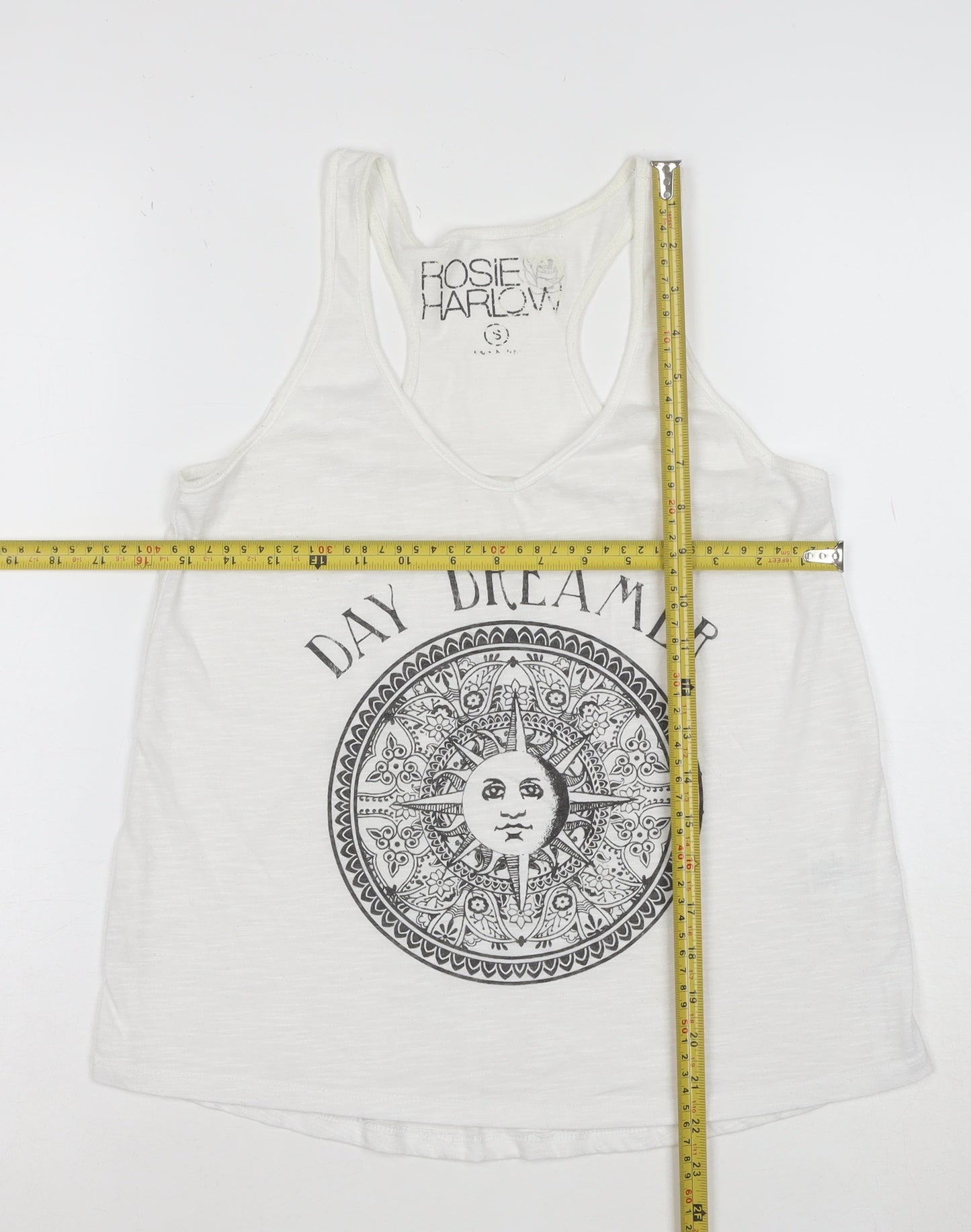 Rosie Harlow Women's White Racerback Tank Top Small Boho Graphic