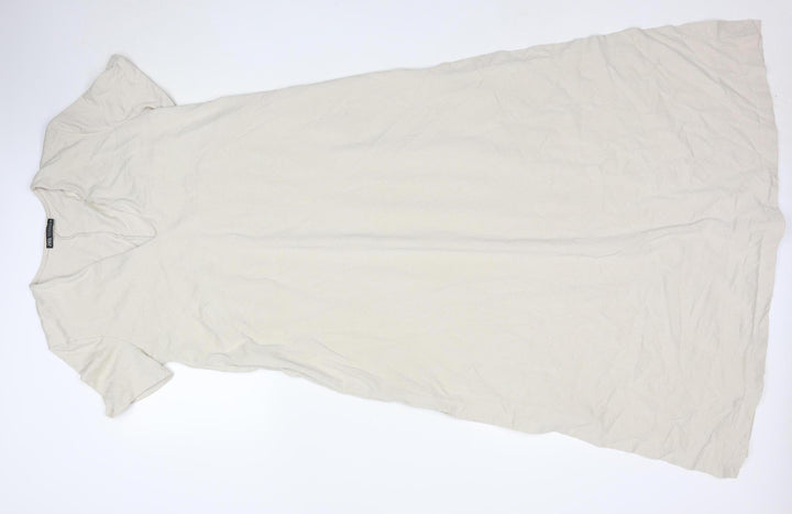 Zara Women Beige Long Cotton Shift Dress Size S Short Sleeve V-Neck
