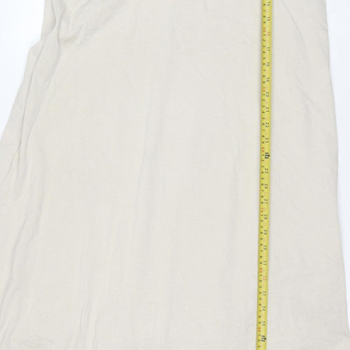 Zara Women Beige Long Cotton Shift Dress Size S Short Sleeve V-Neck
