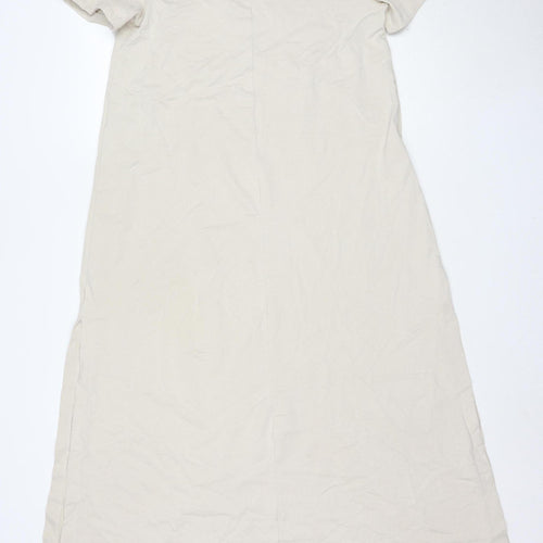 Zara Women Beige Long Cotton Shift Dress Size S Short Sleeve V-Neck