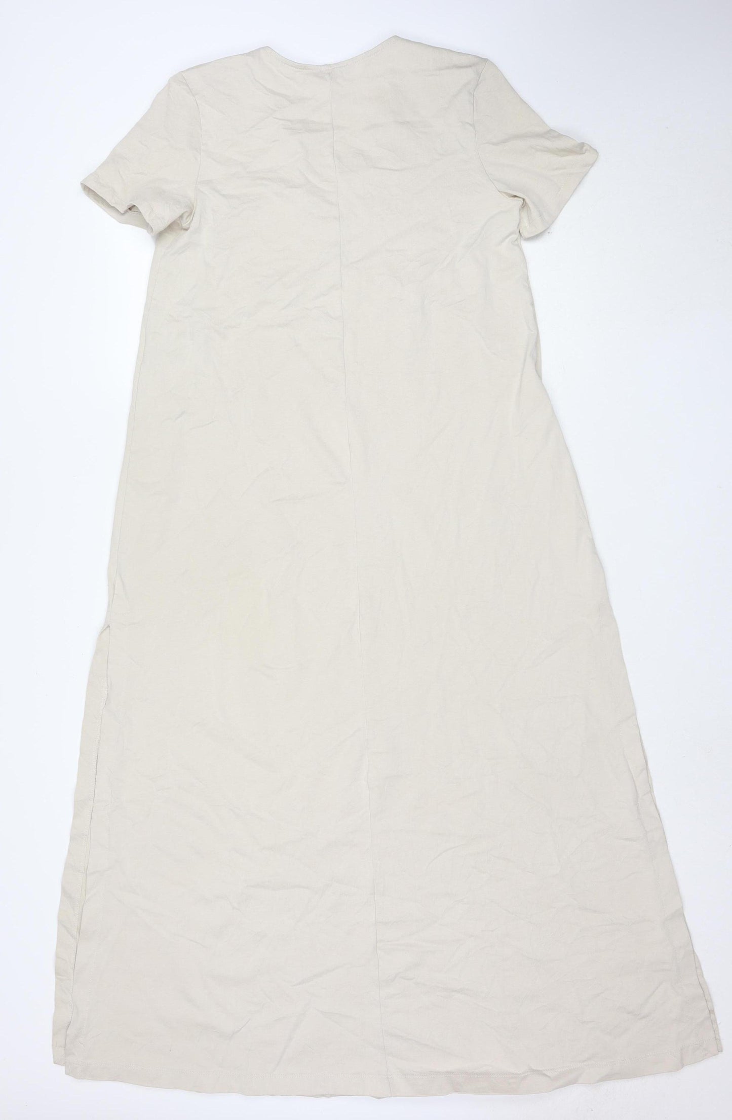 Zara Women Beige Long Cotton Shift Dress Size S Short Sleeve V-Neck
