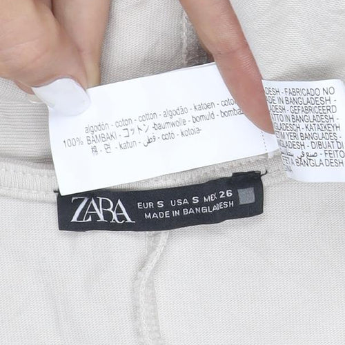 Zara Women Beige Long Cotton Shift Dress Size S Short Sleeve V-Neck