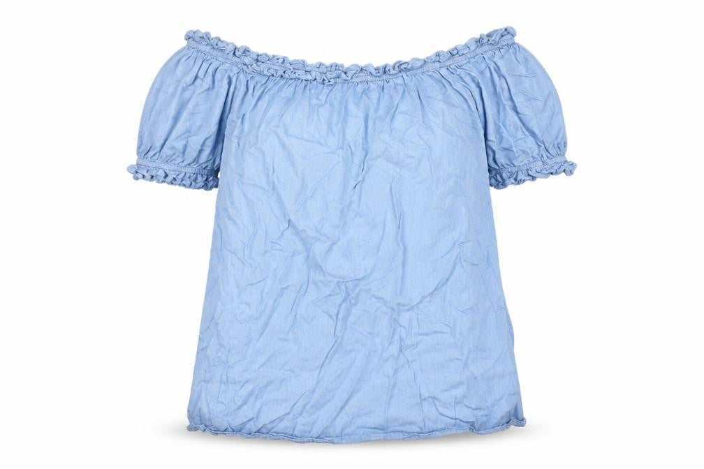 Front view of PRETTYLITTLETHING Women Blue Off Shoulder Cotton Blouse, size 12