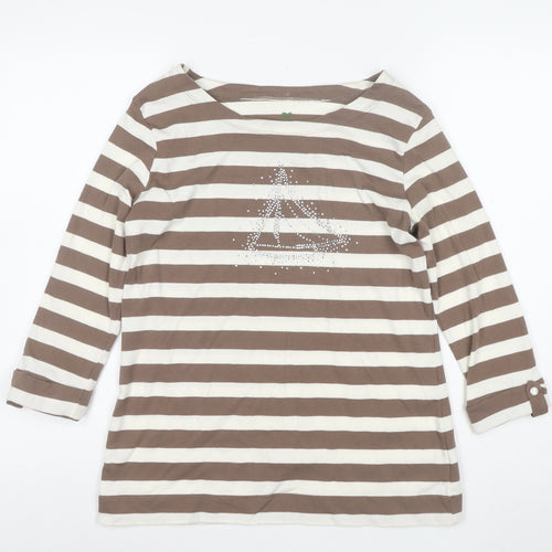 Plain Hobbs Women's Brown Striped 3/4 Sleeve Boat Neck T-Shirt M