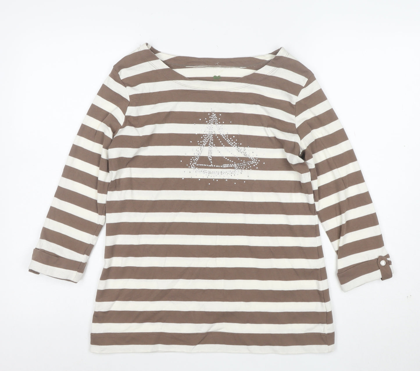 Plain Hobbs Women's Brown Striped 3/4 Sleeve Boat Neck T-Shirt M