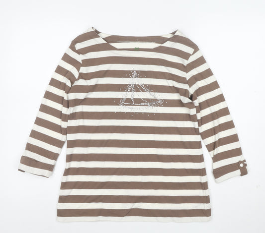 Plain Hobbs Women's Brown Striped 3/4 Sleeve Boat Neck T-Shirt M