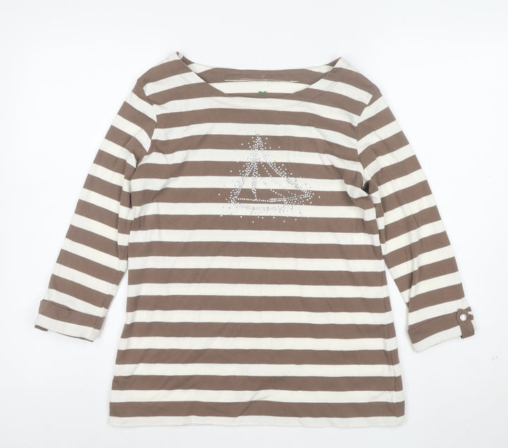 Plain Hobbs Women's Brown Striped 3/4 Sleeve Boat Neck T-Shirt M