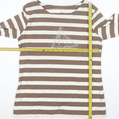Plain Hobbs Women's Brown Striped 3/4 Sleeve Boat Neck T-Shirt M