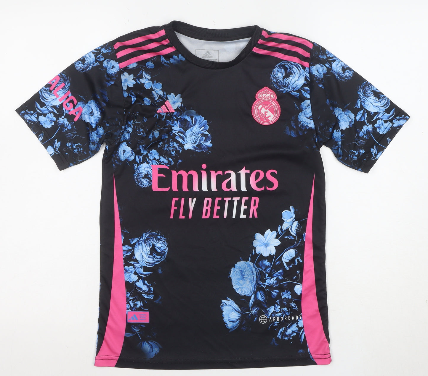 Adidas Boys Black Floral Real Madrid Football Jersey Top Size 164