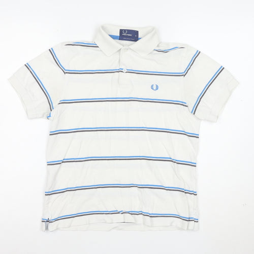Fred Perry Men's White Striped Cotton Polo Shirt Size M