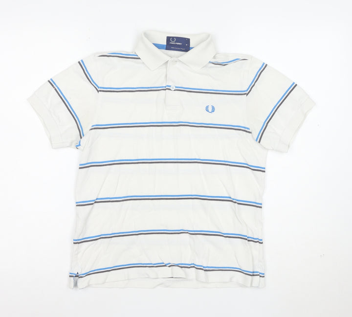 Fred Perry Men's White Striped Cotton Polo Shirt Size M