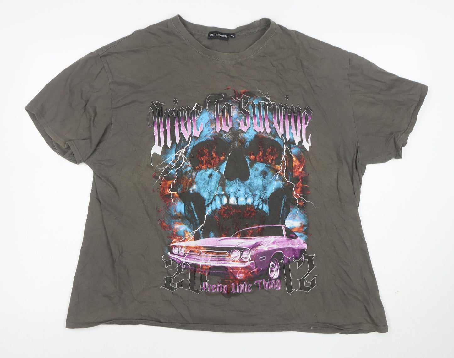PrettyLittleThing Mens Grey XL Graphic Skull Car Relaxed Fit T-Shirt