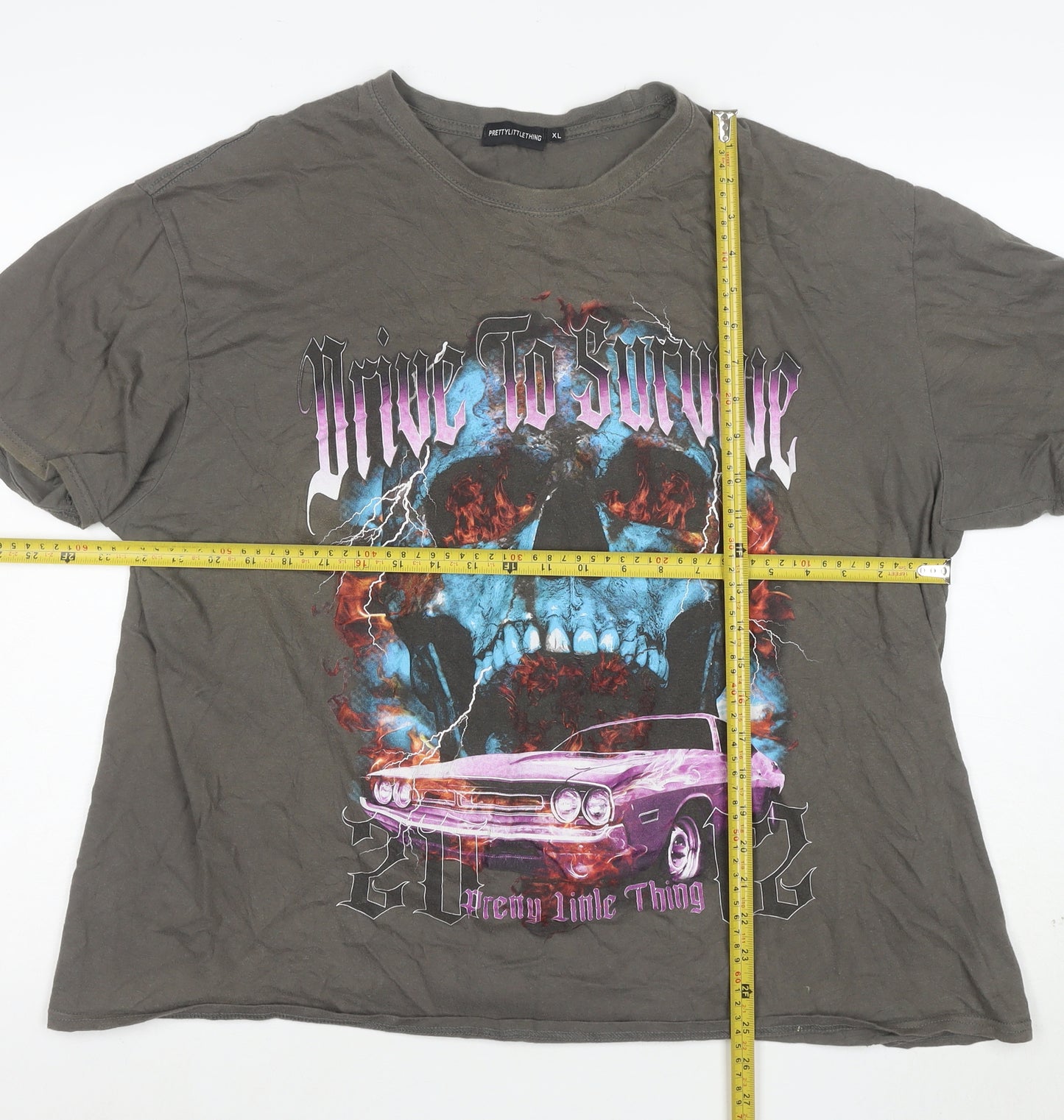 PrettyLittleThing Mens Grey XL Graphic Skull Car Relaxed Fit T-Shirt