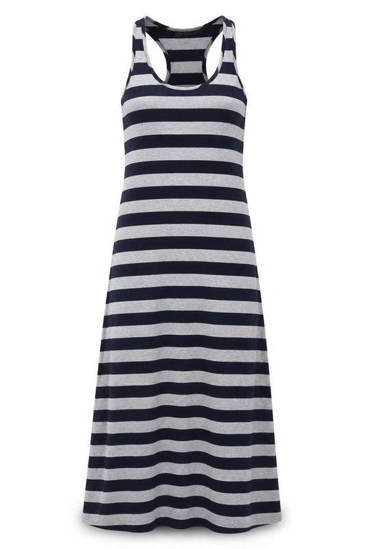 Front view of Red London Women's Navy Grey Striped Sleeveless Long Tank Dress M