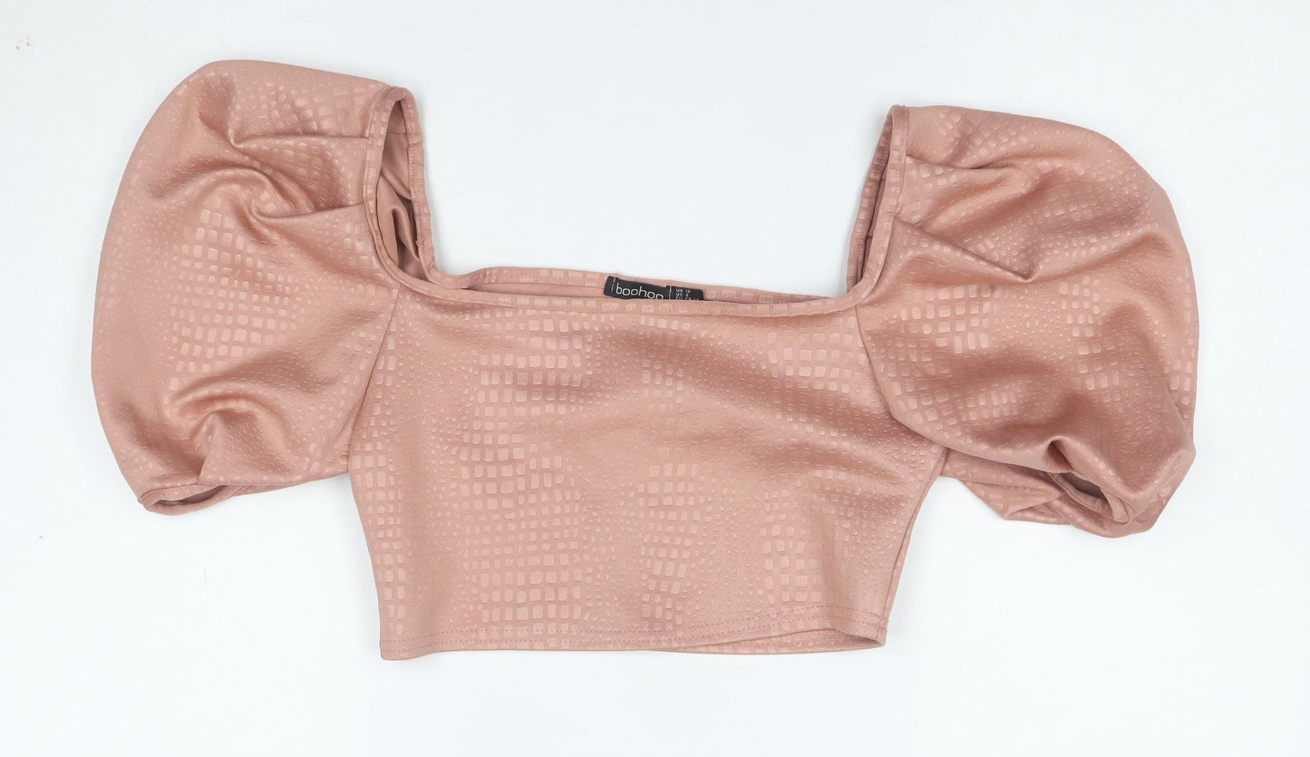 Boohoo Women’s Pink Cropped Puff Sleeve Square Neck Blouse Size 10