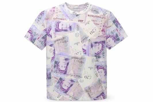 Front view of AWGE Men’s Multicoloured Money Print Cotton Short Sleeve T-Shirt, size L