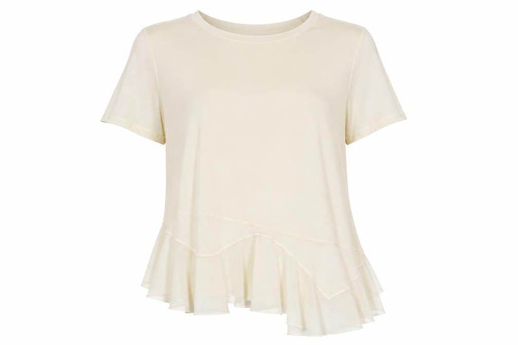 Front view of Marks & Spencer Women’s Ivory Ruffle Hem Tunic Blouse, size UK 18