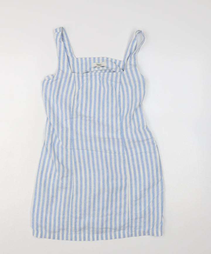 Marks and Spencer Women's Blue Striped Linen Shift Dress Size 10