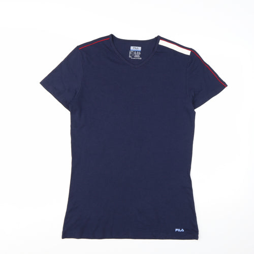 FILA Womens Blue V-Neck Slim Fit Short Sleeve T-Shirt Size L