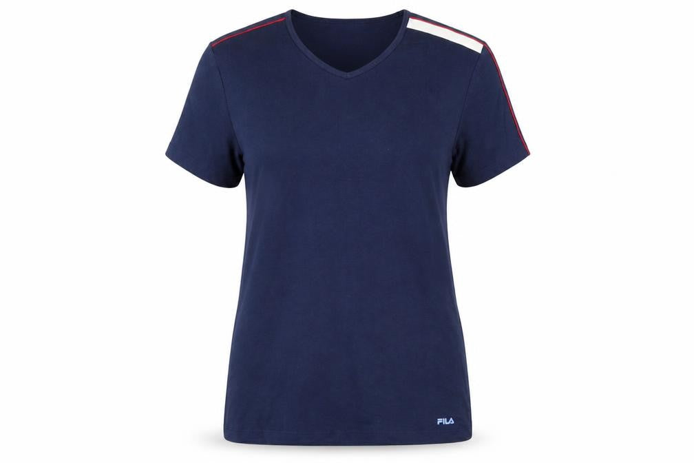 FILA Womens Blue V-Neck Slim Fit Short Sleeve T-Shirt Size L