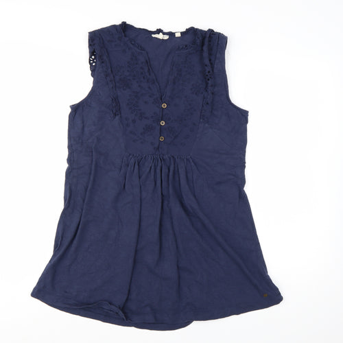 Fat Face Women's Blue Cotton Embroidered Sleeveless Tunic Blouse UK 14