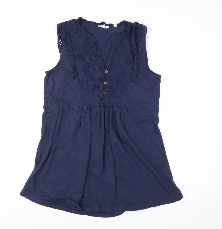 Fat Face Women's Blue Cotton Embroidered Sleeveless Tunic Blouse UK 14