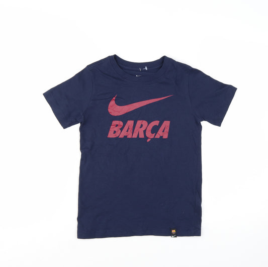 Nike Boys Blue Barça Logo T-Shirt 7-8 Years Short Sleeve Cotton