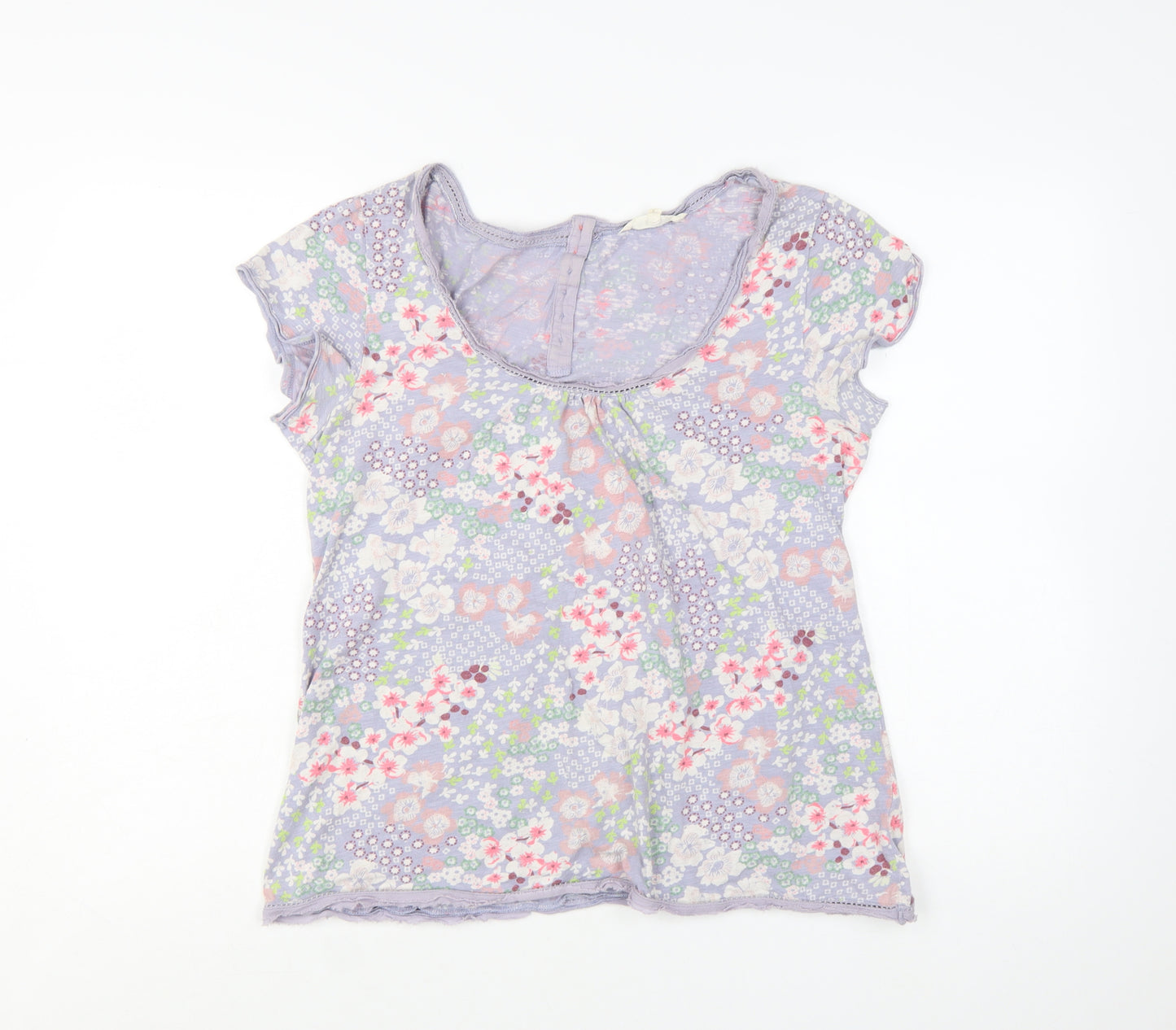 White Stuff Women Purple Floral 100% Cotton T-Shirt Size 14