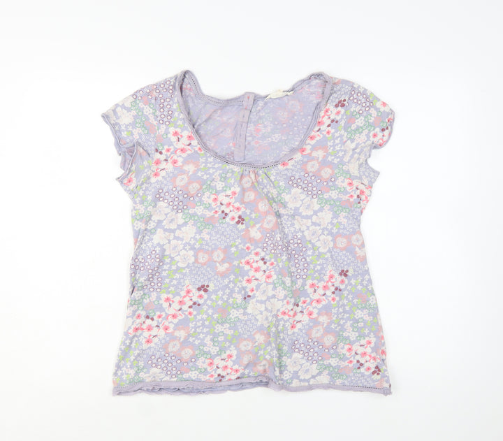 White Stuff Women Purple Floral 100% Cotton T-Shirt Size 14