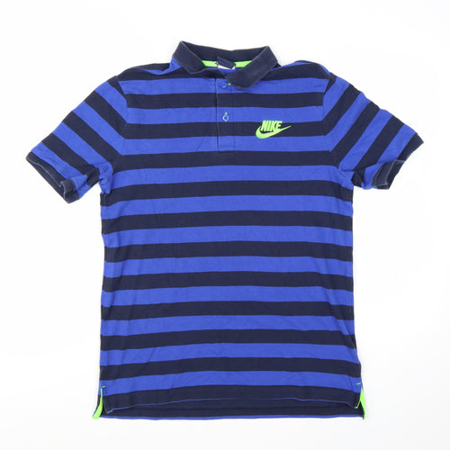 Nike Men Blue Striped Logo Cotton Polo Shirt Medium