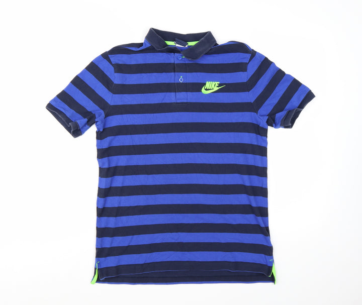 Nike Men Blue Striped Logo Cotton Polo Shirt Medium