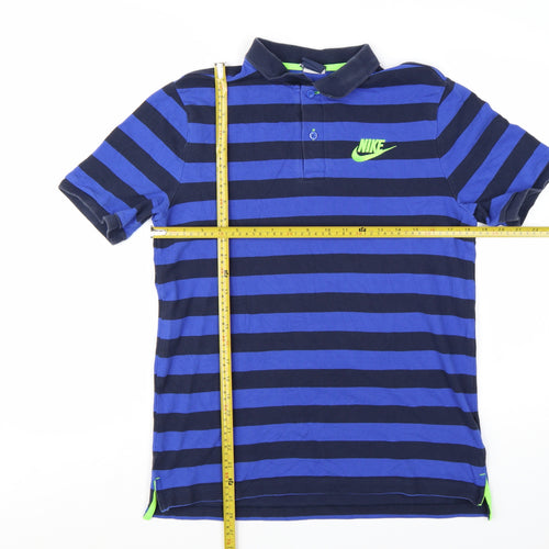 Nike Men Blue Striped Logo Cotton Polo Shirt Medium