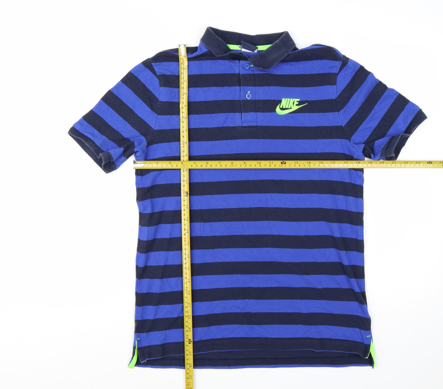 Nike Men Blue Striped Logo Cotton Polo Shirt Medium
