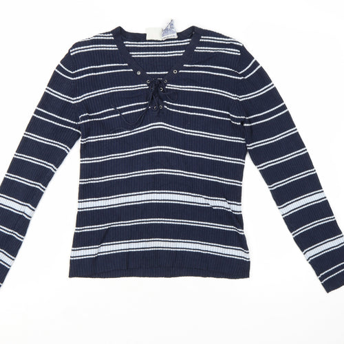 Faded Glory Women Blue Striped V-Neck Lace-Up Pullover Jumper M