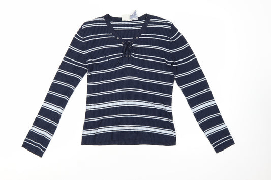 Faded Glory Women Blue Striped V-Neck Lace-Up Pullover Jumper M