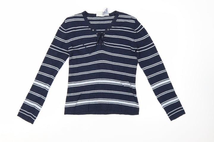 Faded Glory Women Blue Striped V-Neck Lace-Up Pullover Jumper M