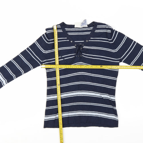 Faded Glory Women Blue Striped V-Neck Lace-Up Pullover Jumper M