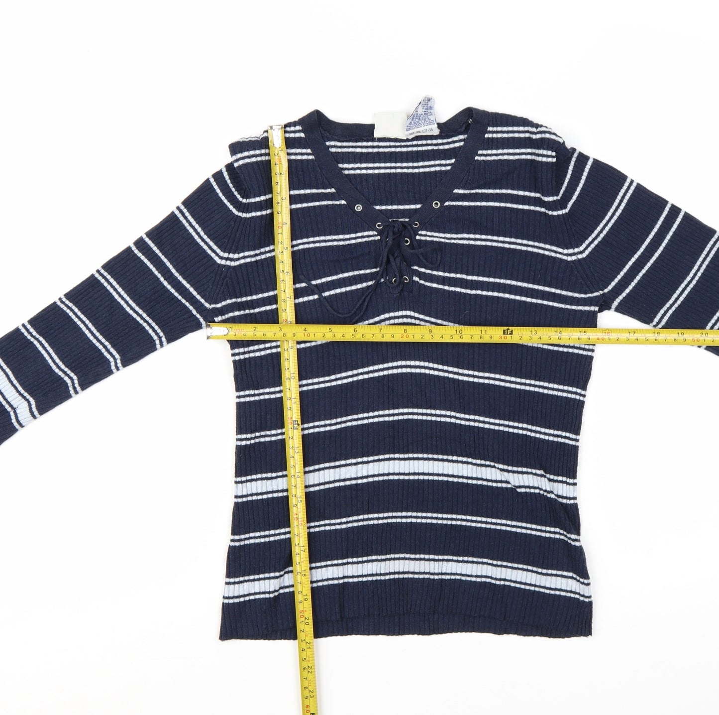 Faded Glory Women Blue Striped V-Neck Lace-Up Pullover Jumper M
